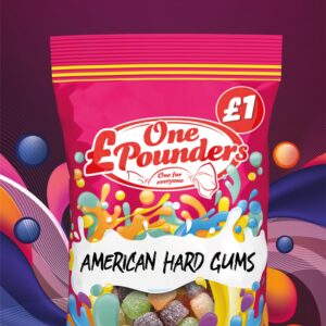 One Pounders American Hard Gums Sweet Confectionery Packaging Design. With a £1 price point and bright graphics showing a bright colour splash which represents all the flavours in the wide range of confectionery that One Pounders offers.