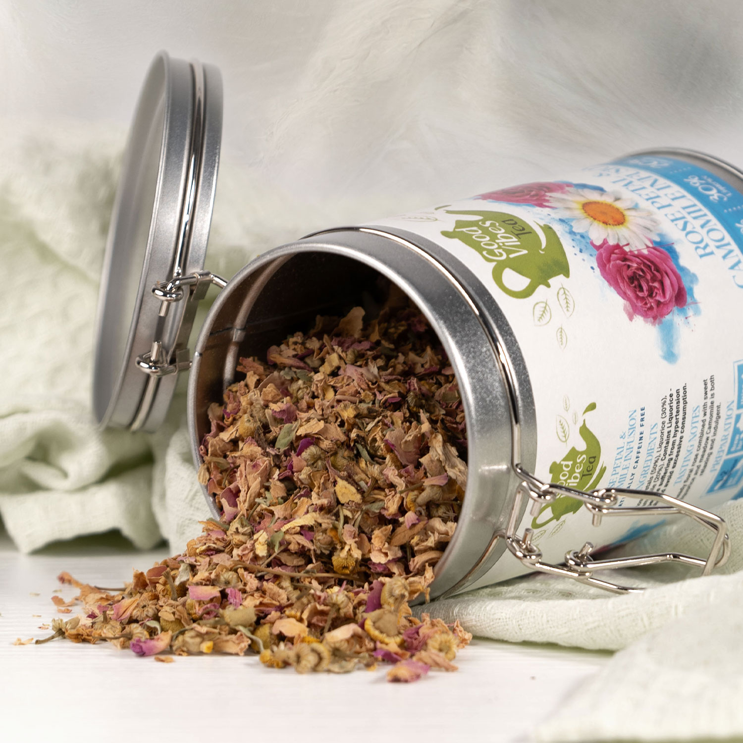 Good Vibes Tea Rose Petal and Camomile Infusion Tea in sustainable packaging