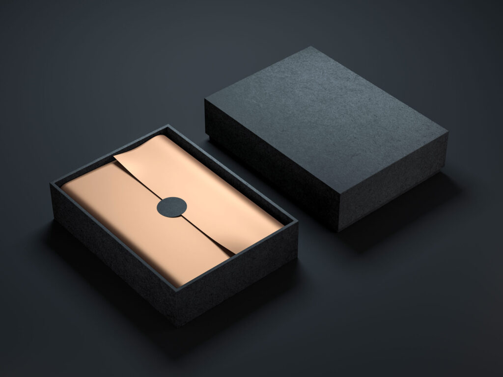 Luxury black gift box with copper-wrapped inner contents, presented open and closed on a dark surface.