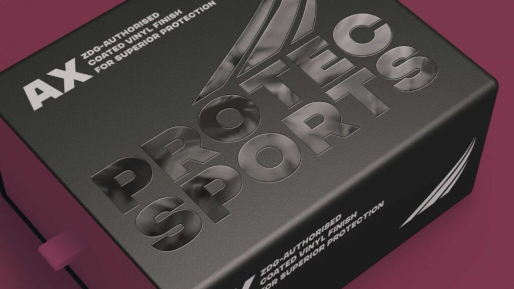 Black sports packaging box with bold embossed and spot UV typography design.