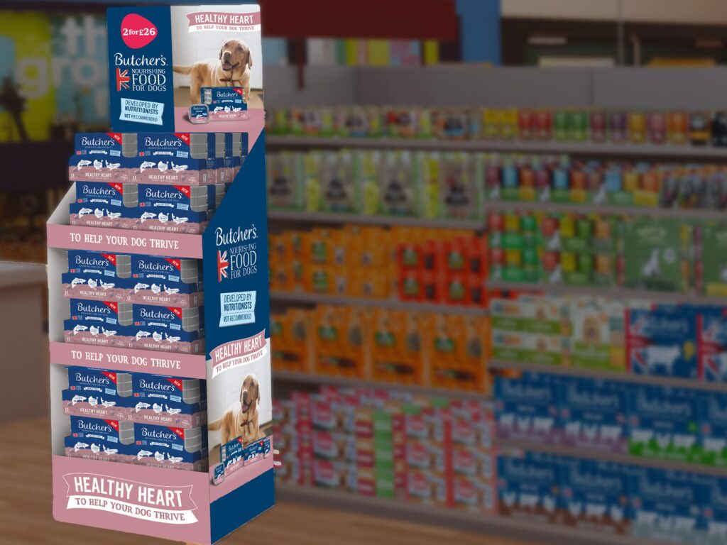 Butcher’s dog food floor display unit promoting Healthy Heart range