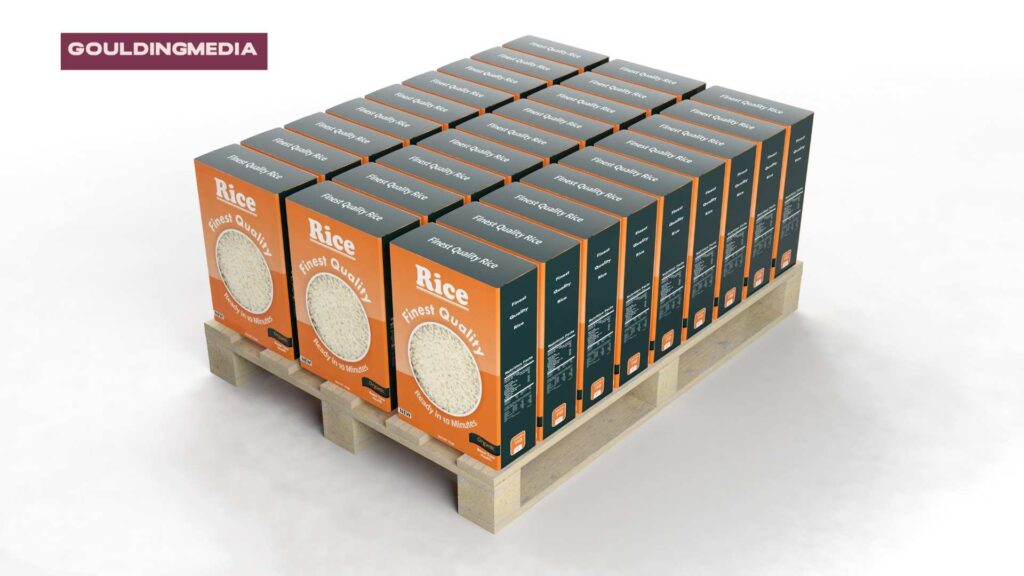Display-ready pallet of boxed rice with branded packaging, arranged for direct in-store placement