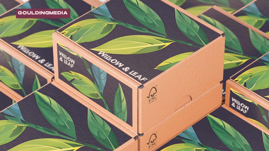 Eco-friendly cardboard packaging printed with green leaf designs and FSC certification logo.