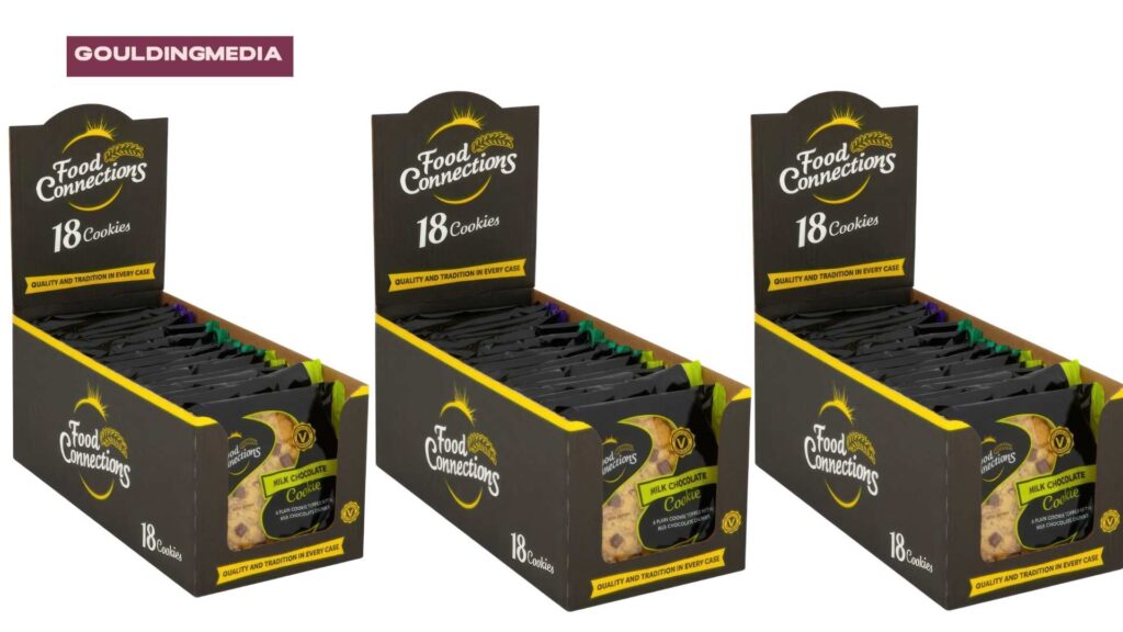 Shelf-ready cookie packaging with lid-header design for Food Connections, holding 18 pack