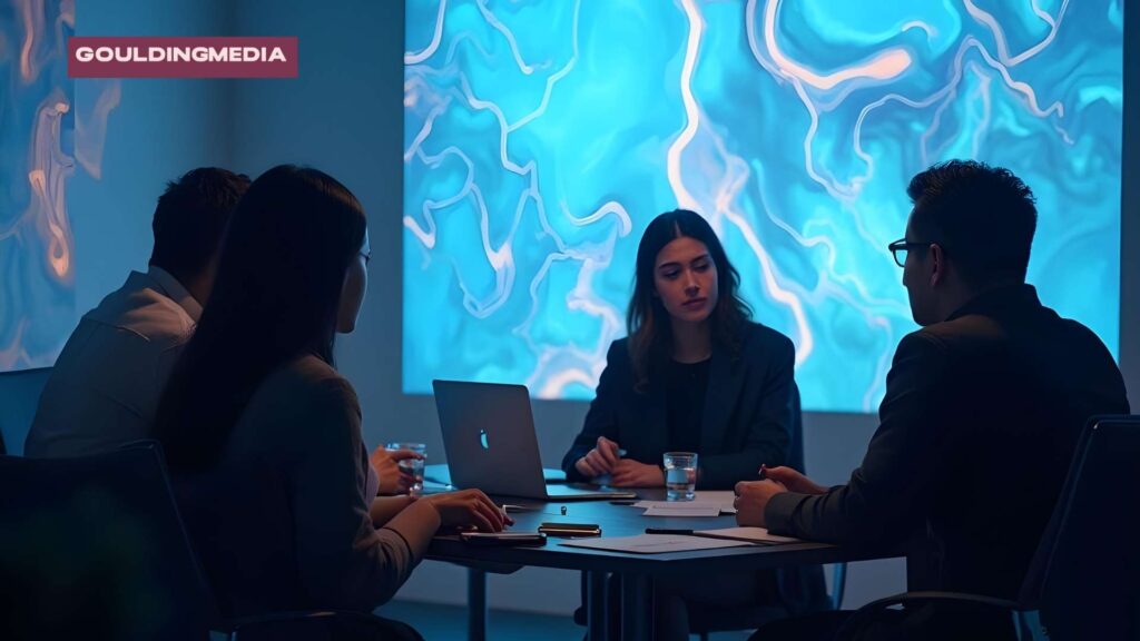 Team of professionals in a dark-lit conference room discussing strategy, with abstract blue visuals on wall screens.