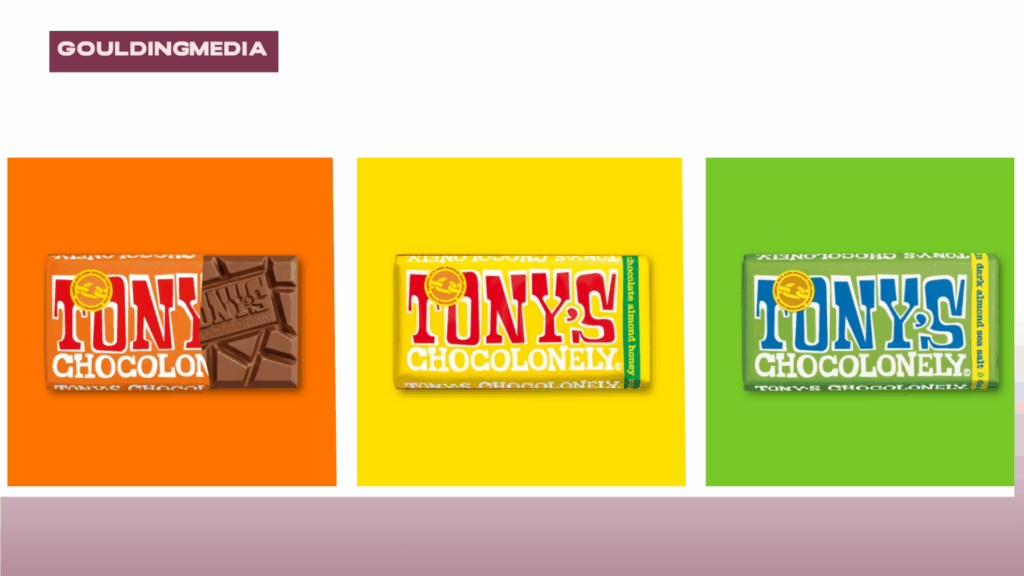 Colorful Tony’s Chocolonely chocolate bars in red, yellow, and green packaging on vibrant backgrounds.