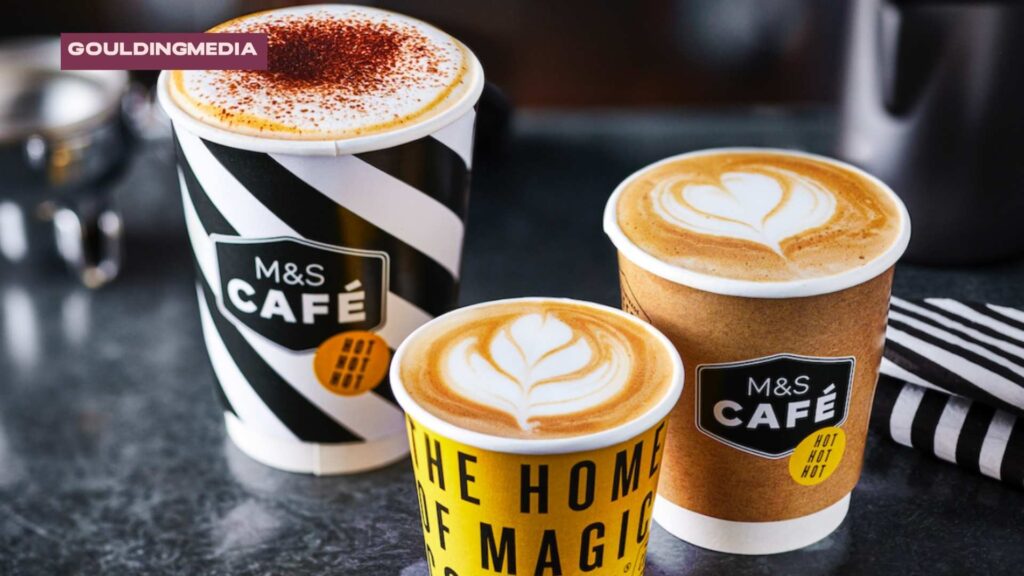 M&S café coffee cups with latte art, featuring plastic-free lids.