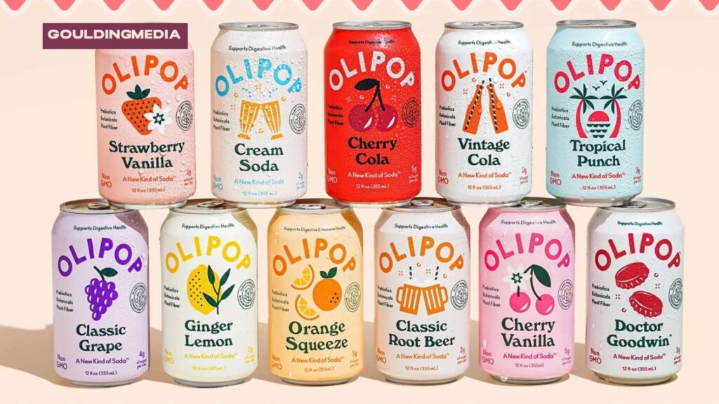 Various Olipop soda cans arranged by flavour