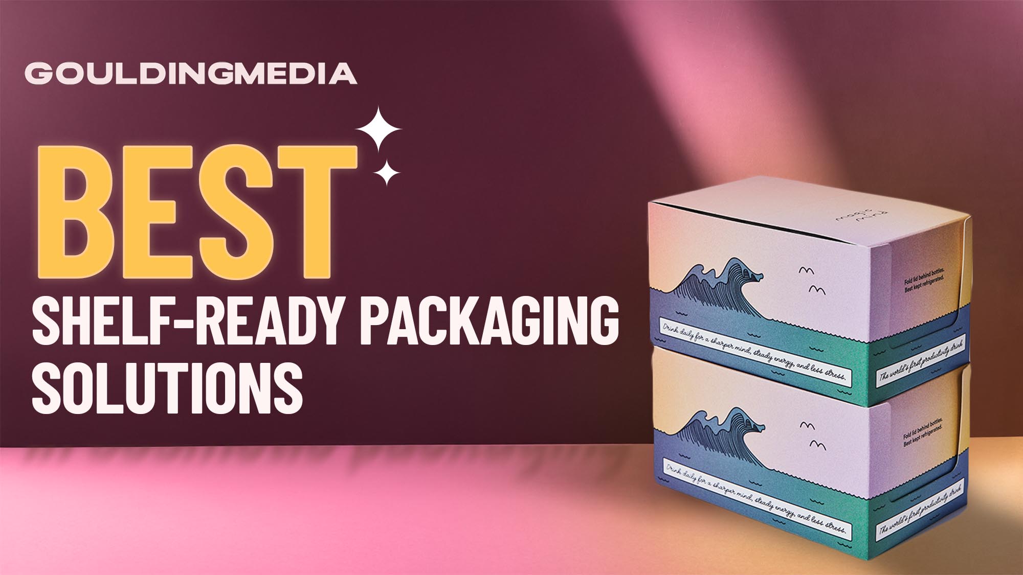 Promotional graphic by Goulding Media showcasing the best shelf-ready packaging solutions with stacked retail boxes and bold headline text