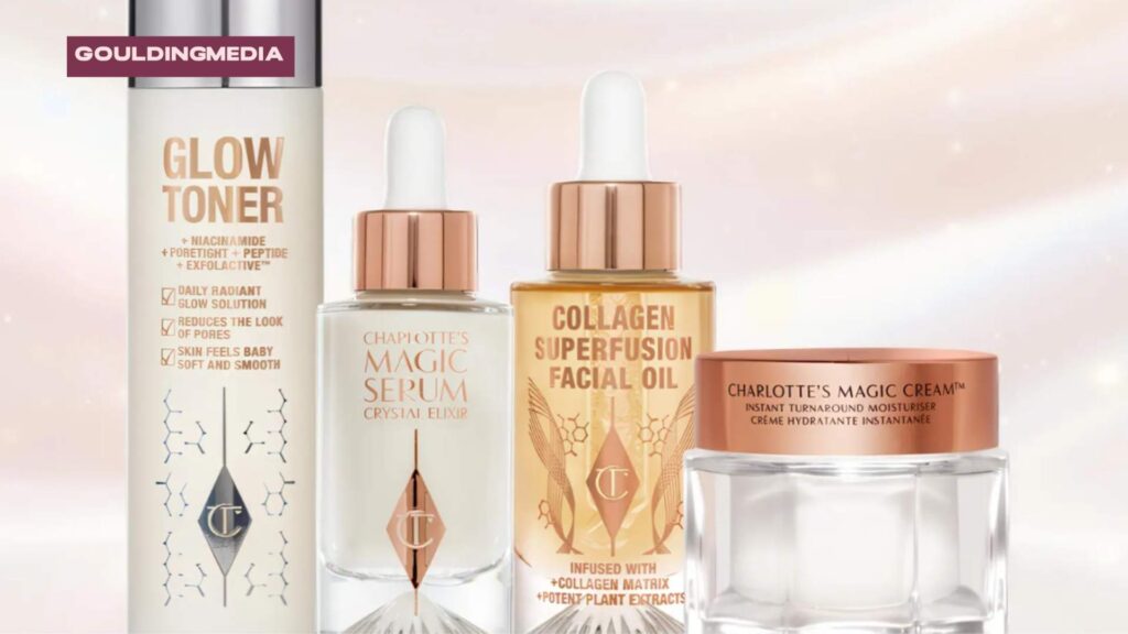 Charlotte Tilbury skincare products, including Glow Toner, Magic Serum, and face cream, on a soft glowing background.