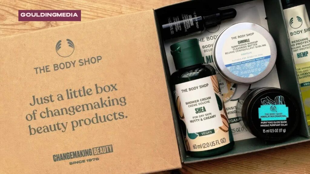 Eco-conscious cardboard box from The Body Shop filled with skincare products.