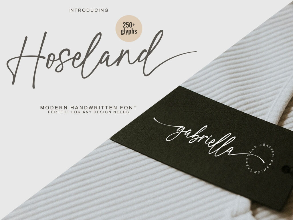 Elegant calligraphic script showcasing the Hoseland handwritten font with sample names and glyph previews.