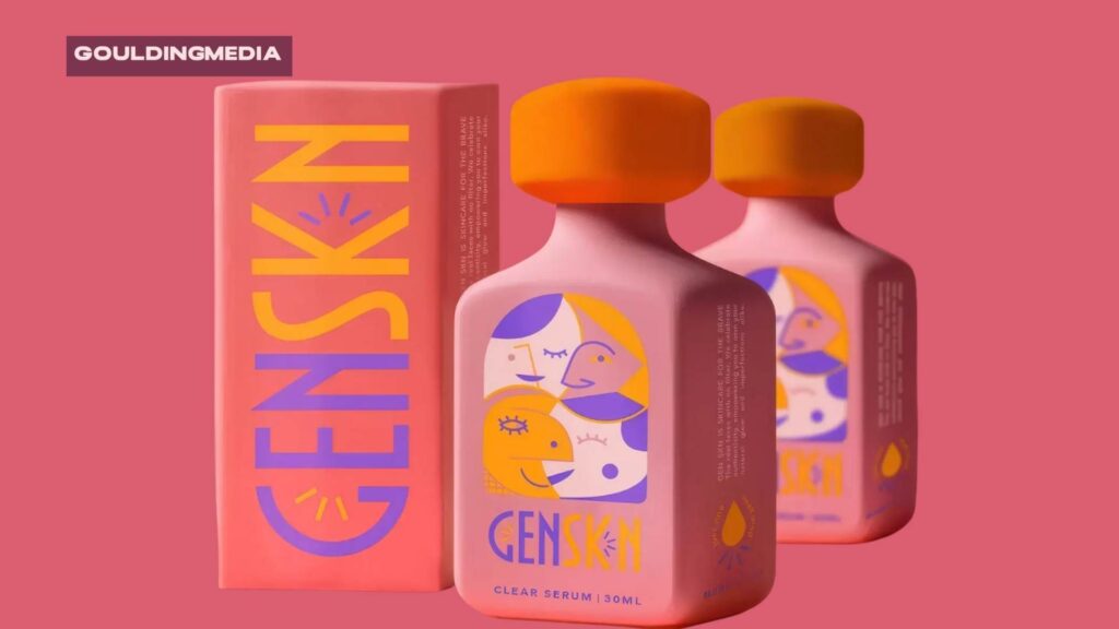 GENSKN clear serum in vibrant pink bottles with bold orange caps and abstract illustrated labels, displayed alongside matching outer packaging.