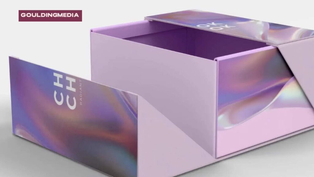 Iridescent holographic packaging with a magnetic flap box