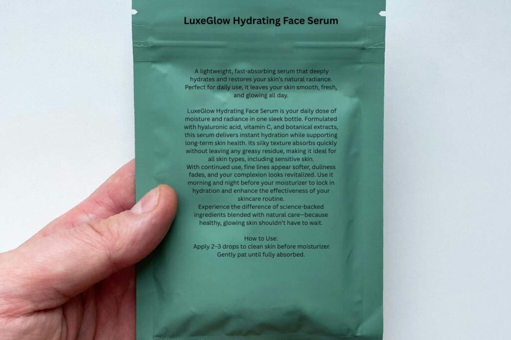 Hand holding a matte green foil pouch, showing densely packed ingredient and usage text on the back.