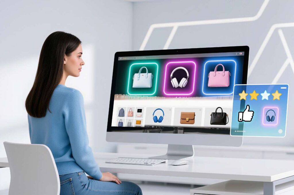 A woman working on a futuristic computer interface featuring various packaging mock-ups and product icons.