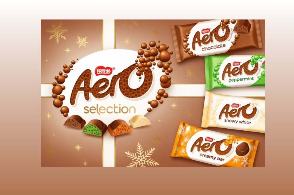 Aero chocolates in a festive box with stars and ribbon-style graphics.