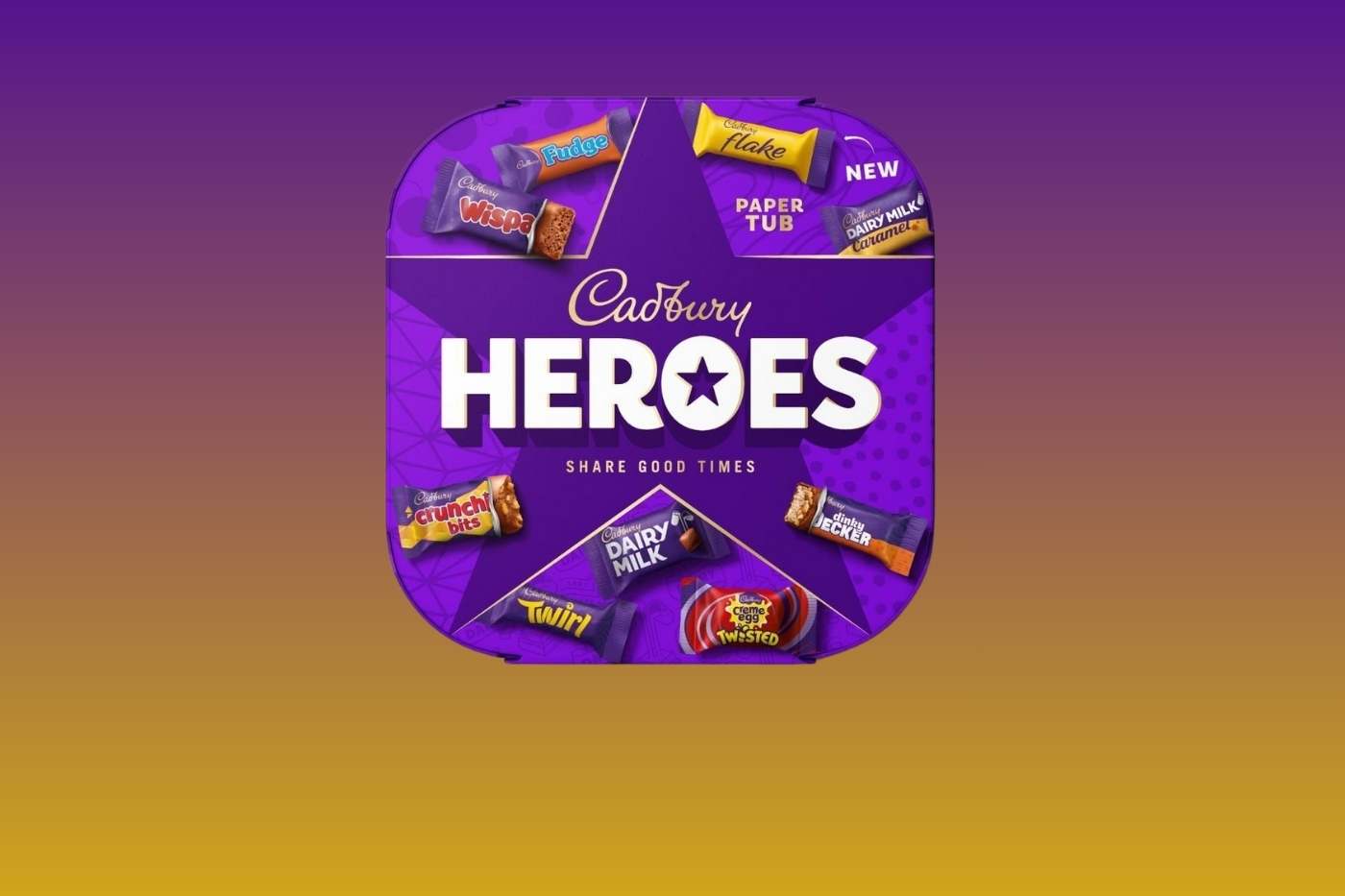 Purple Cadbury Heroes tub with festive orange-to-purple gradient.