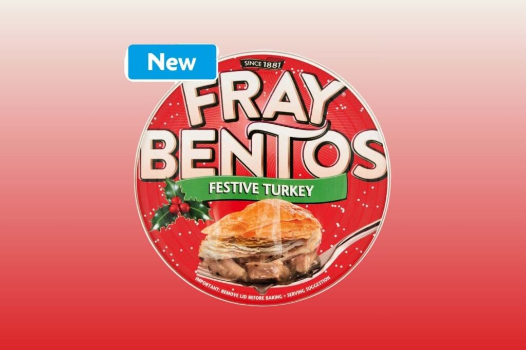 Red-lidded Fray Bentos can labelled “Festive Turkey” with product image.