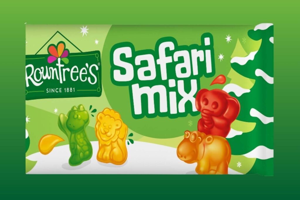 Green Rowntree’s Safari Mix pack with animal-shaped gummies and snow-covered pine trees.