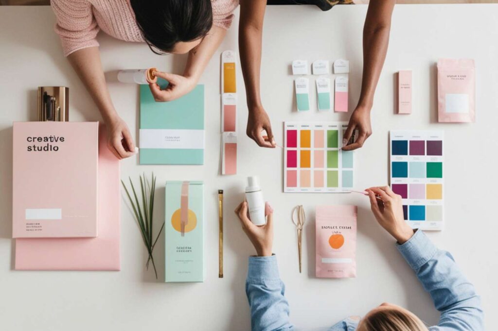 Top-down view of designers working together with moodboards, colour swatches, and packaging samples.
