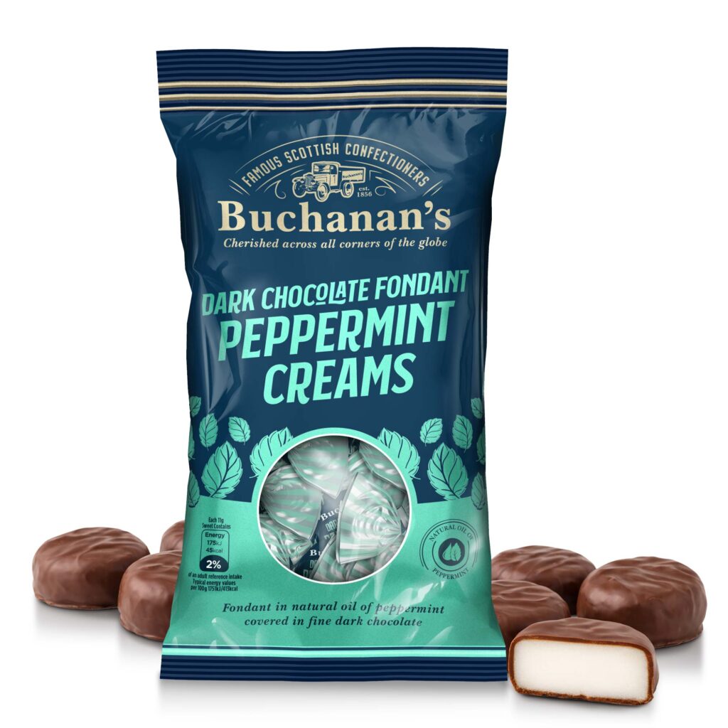 Buchanan’s of Scotland peppermint creams packaging design after redesign showing modern dark blue and mint green pouch