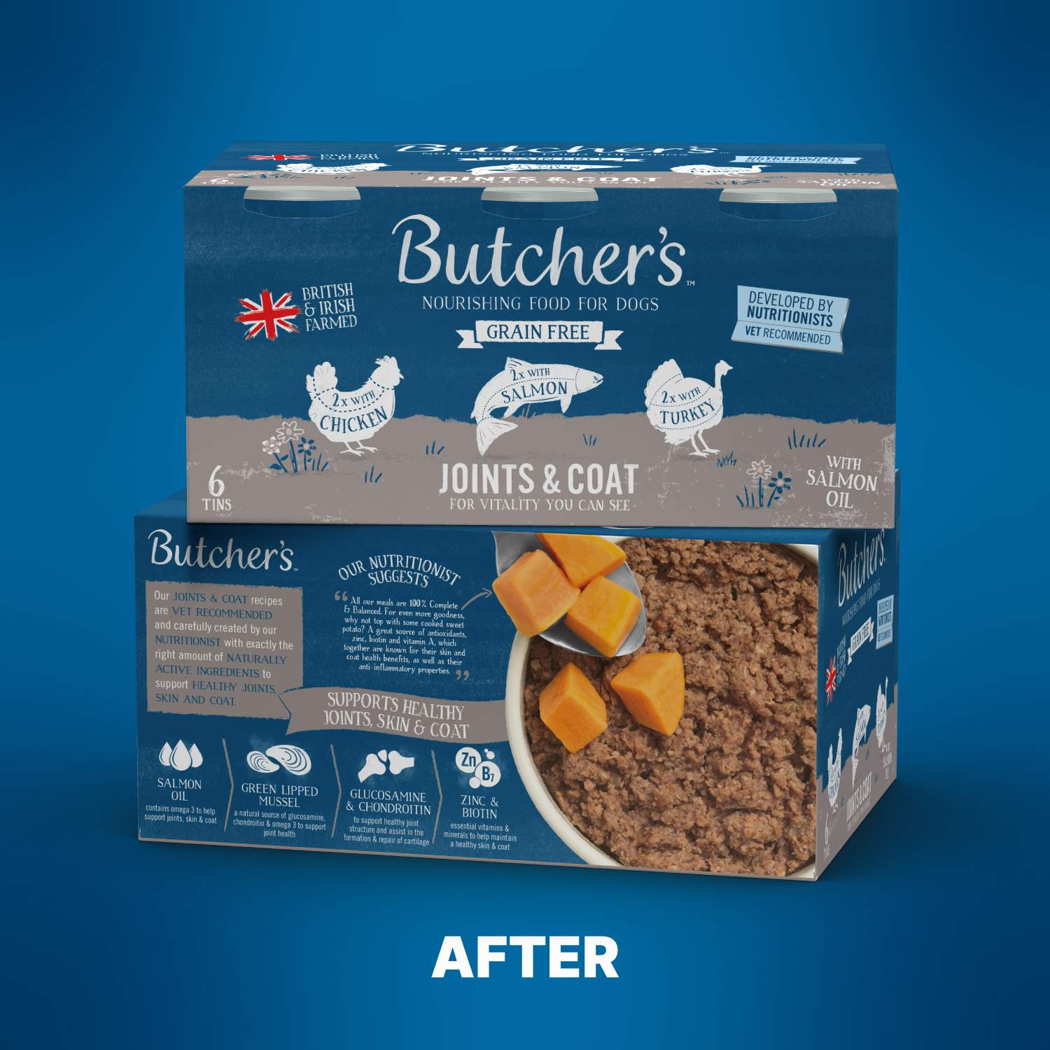 After redesign: Butcher’s grain free dog food multipack packaging for joints and coat health