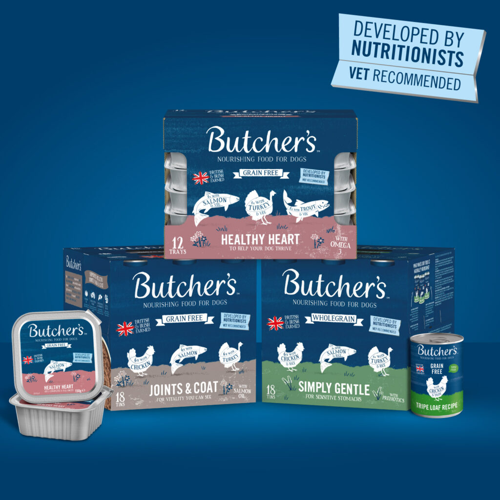 Butcher’s Natural Health Support dog food range with multipacks, trays and tins on blue background