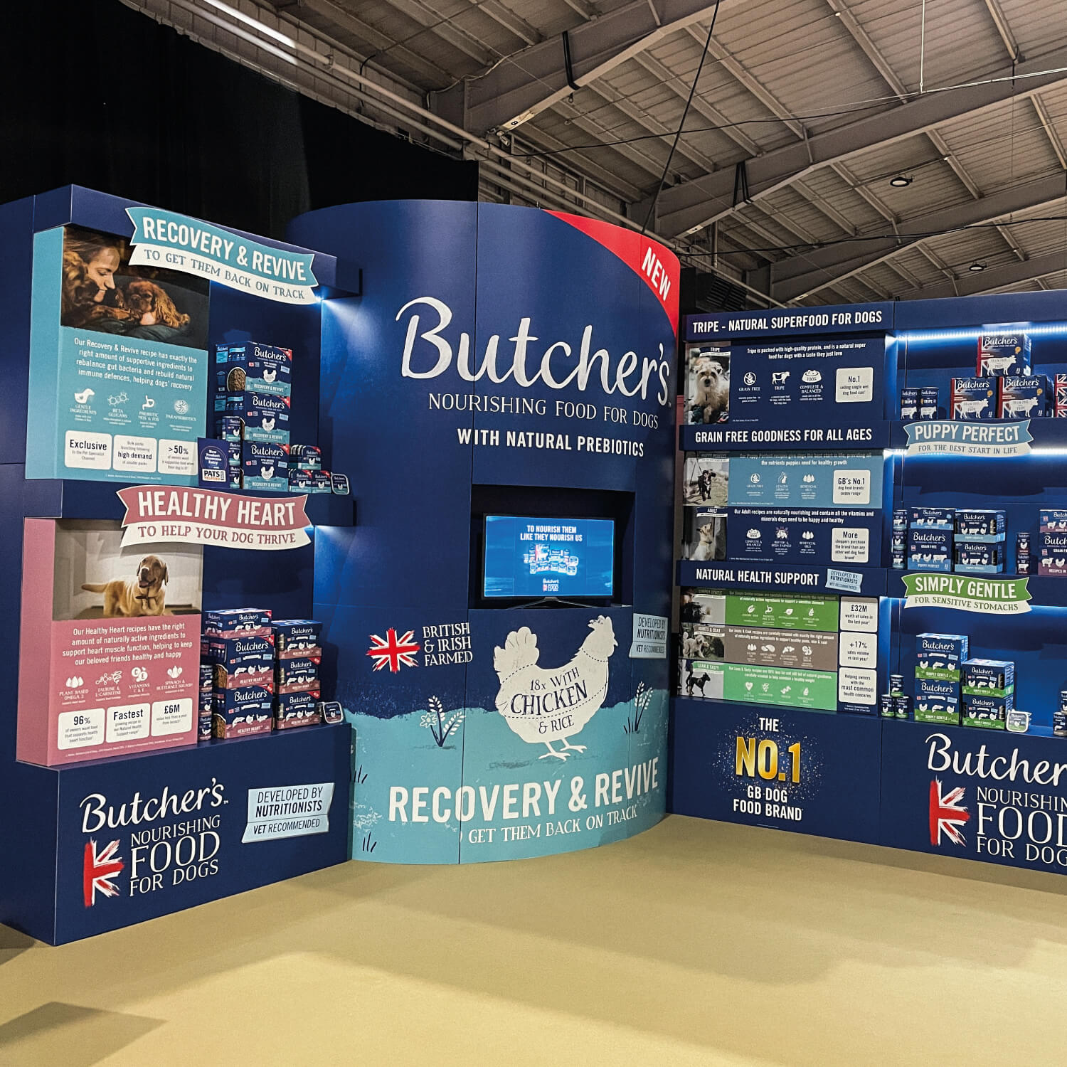 Butcher’s dog food exhibition stand showcasing Natural Health Support range at consumer dog show