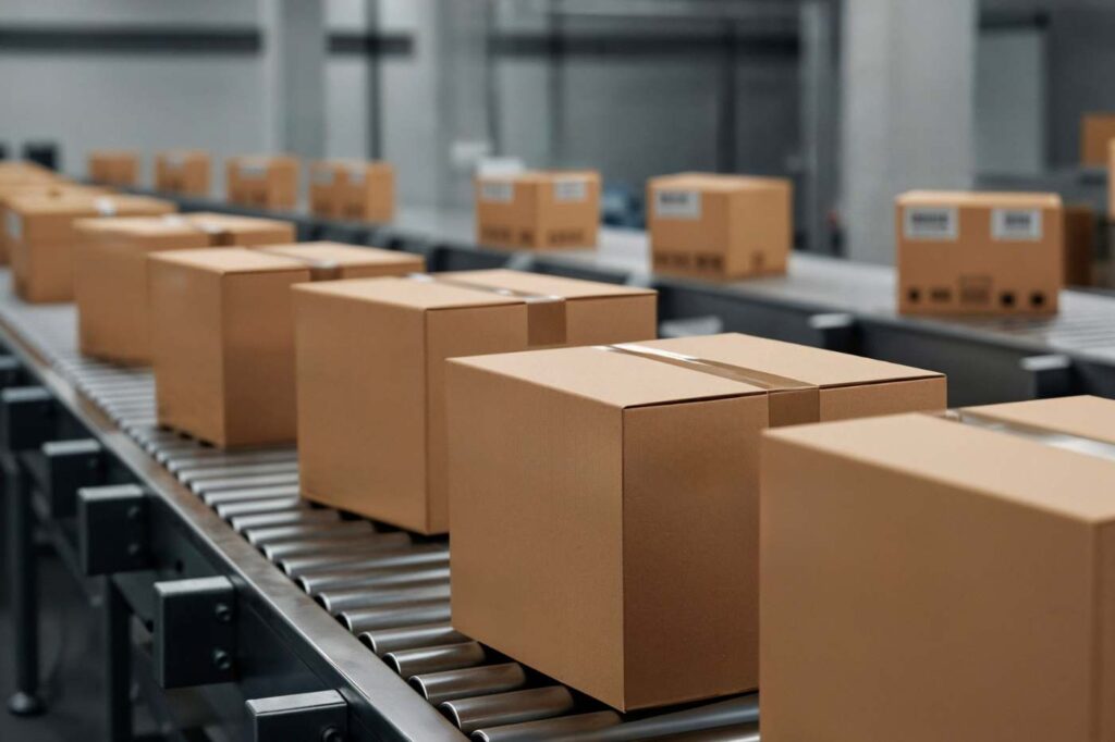 Conveyor belt with multiple brown corrugated cardboard boxes in an industrial setting