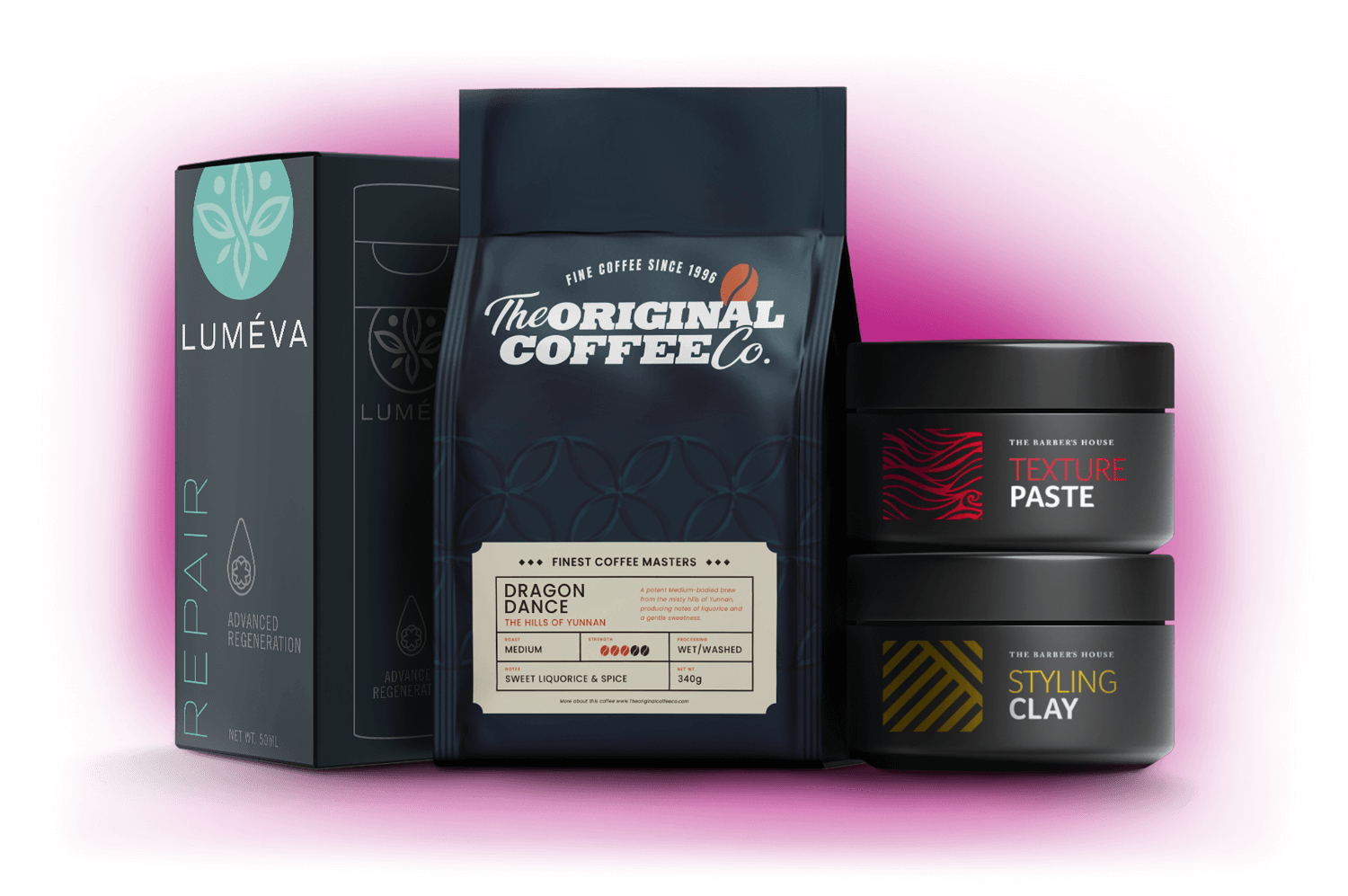 Premium packaging design mockup featuring coffee packaging, skincare product box and men’s hair styling containers by Goulding Media