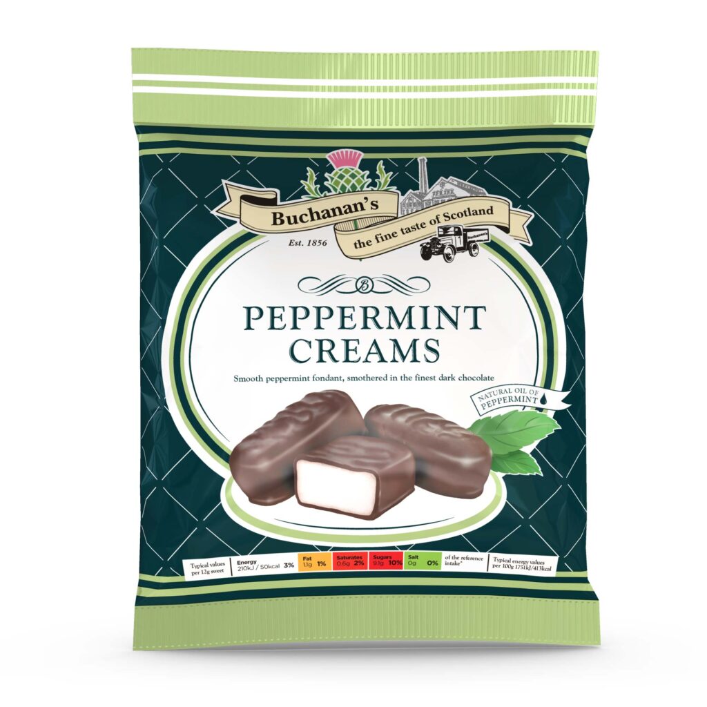 Buchanan’s of Scotland peppermint creams packaging design before redesign showing green bag with traditional branding