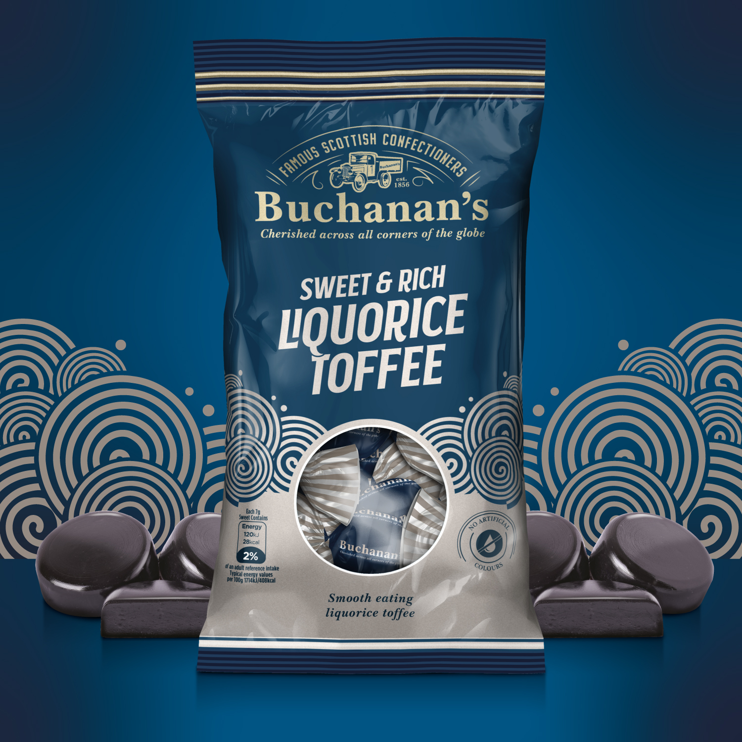 Buchanan’s of Scotland liquorice toffee packaging design in deep blue pouch with gold branding and circular window