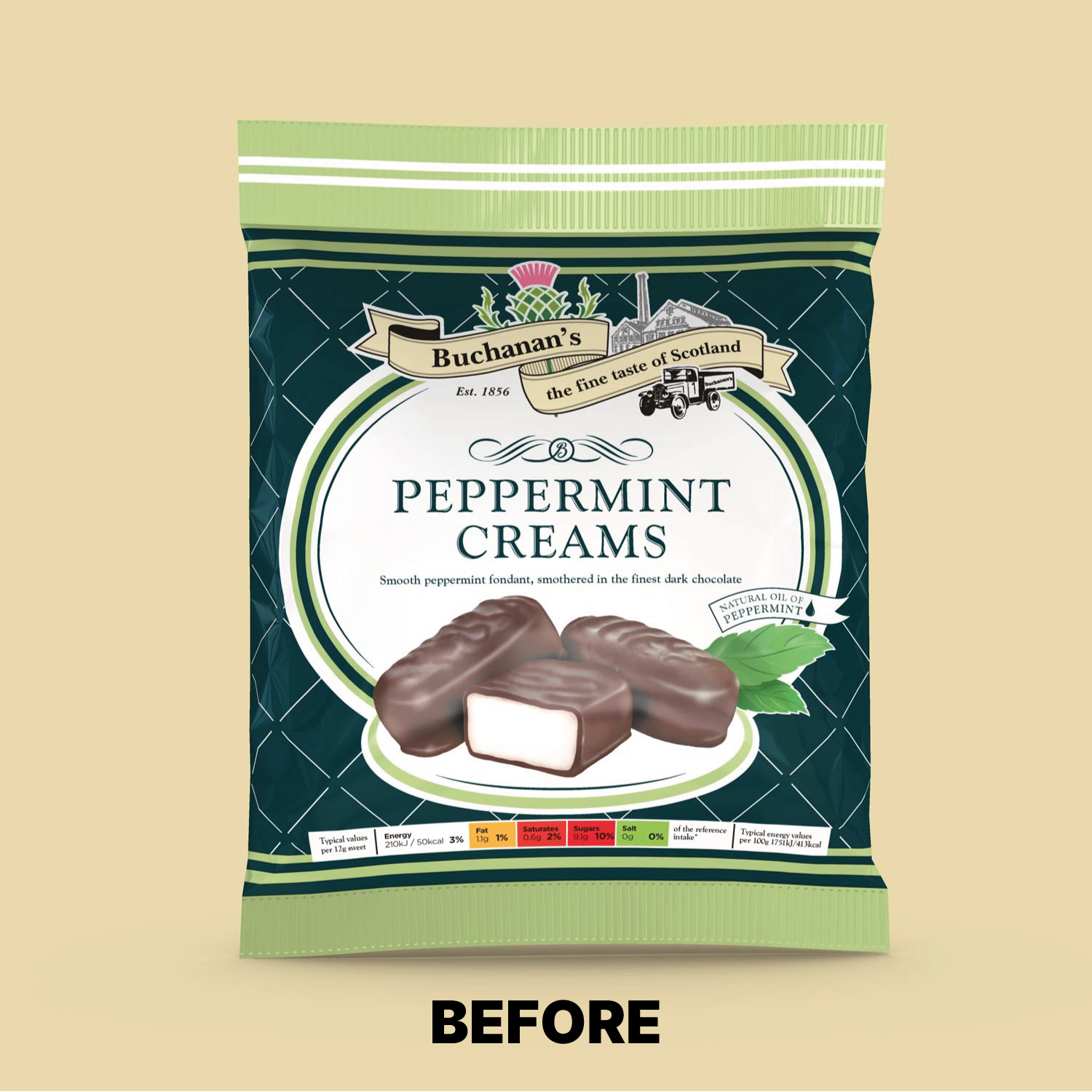 Buchanan’s of Scotland peppermint creams packaging design before redesign showing green bag with traditional branding