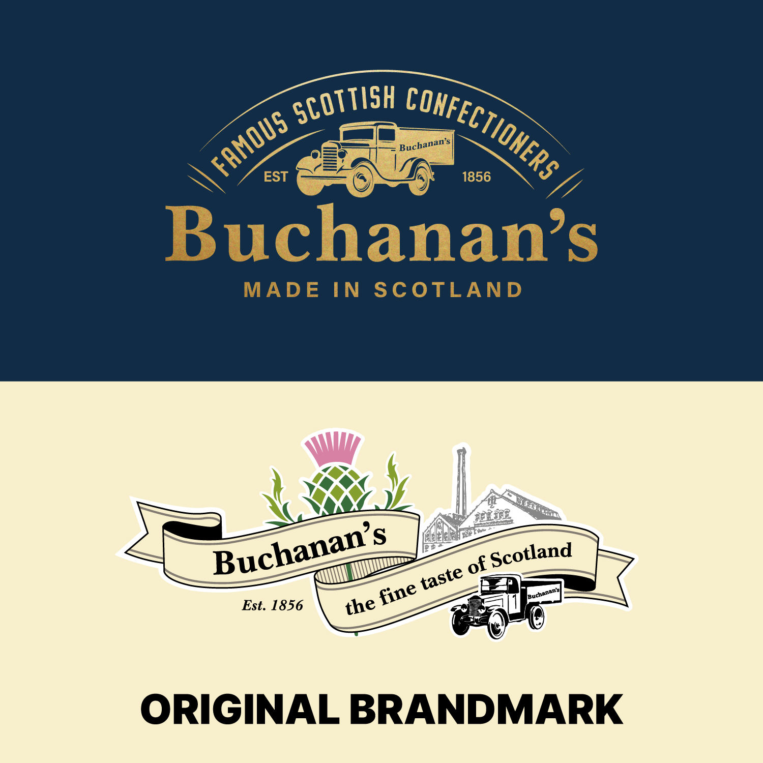 Buchanan’s of Scotland brand identity comparison showing new logo above and original brandmark below