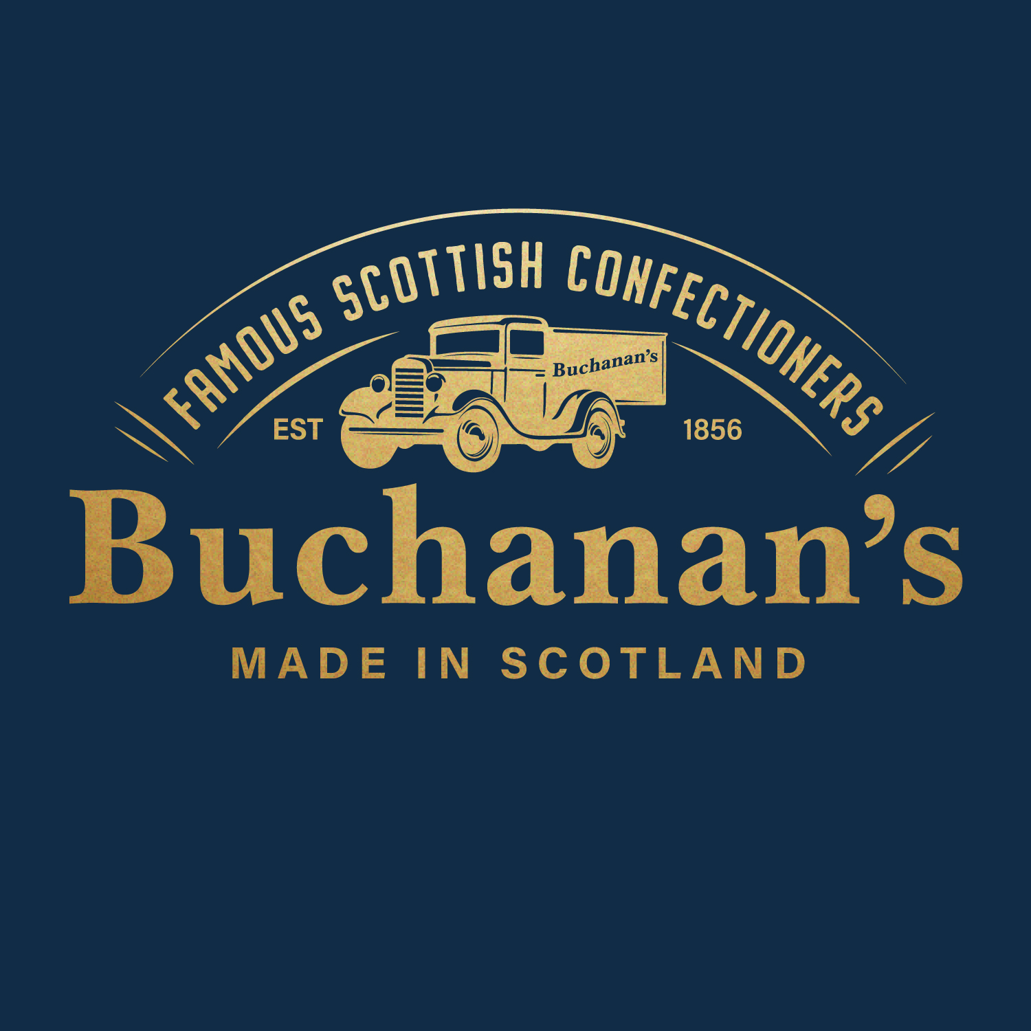 Buchanan’s of Scotland new brandmark showing gold logo on navy background with heritage truck and founding year