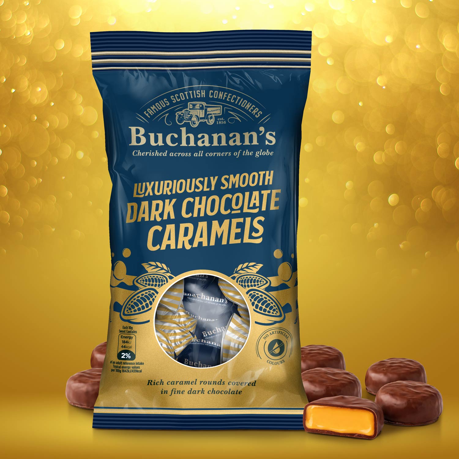 Buchanan’s Dark Chocolate Caramels packaging design showing navy and gold pouch with product photography