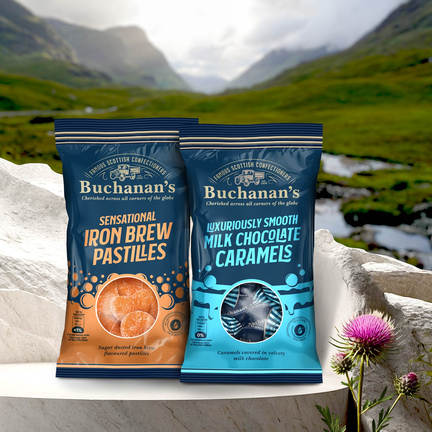 Buchanan’s Iron Brew Pastilles and Milk Chocolate Caramels packaging photographed in Scottish Highlands landscape
