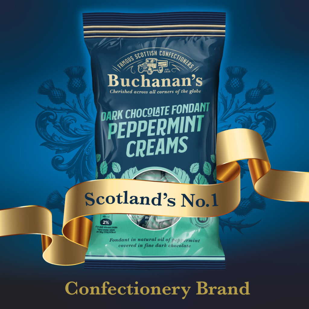 Buchanan’s packaging design featuring Dark Chocolate Peppermint Creams with Scotland’s No.1 confectionery brand message