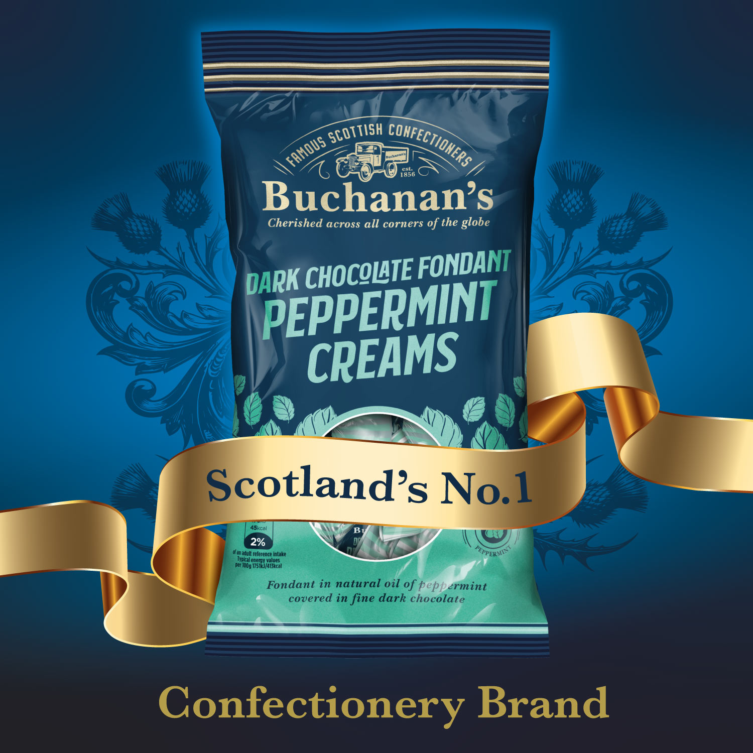 Buchanan’s packaging design featuring Dark Chocolate Peppermint Creams with Scotland’s No.1 confectionery brand message