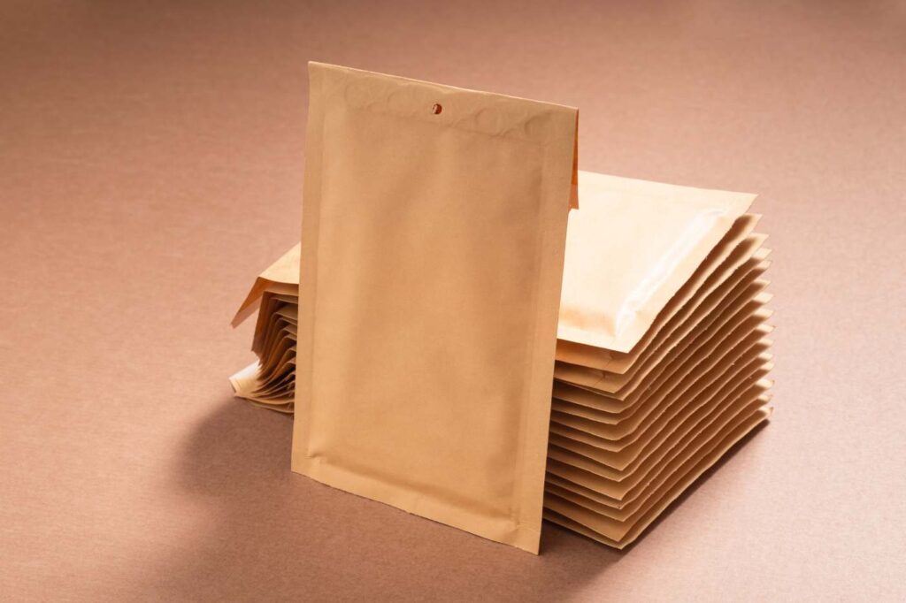 Stacked kraft paper mailers with a single upright envelope in the foreground.