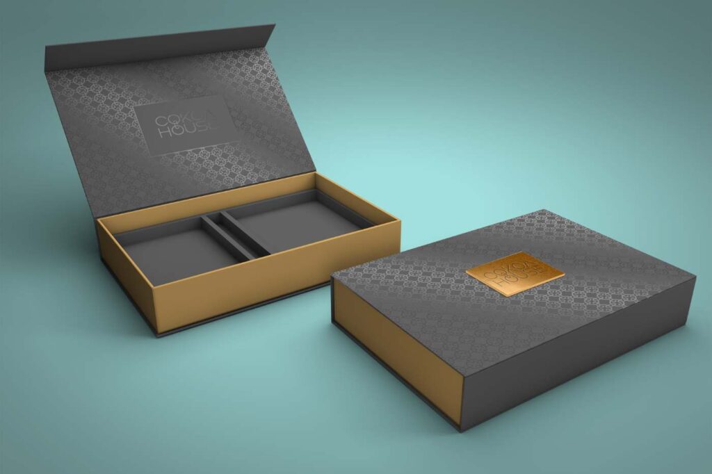 Two-piece rigid box with magnetic flap, custom-printed insert, and tissue wrap.