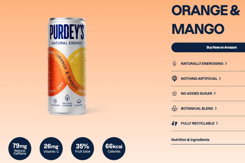 A can of Purdey’s Orange & Mango against a peach background with icons highlighting vitamins, botanicals, and no added sugar.