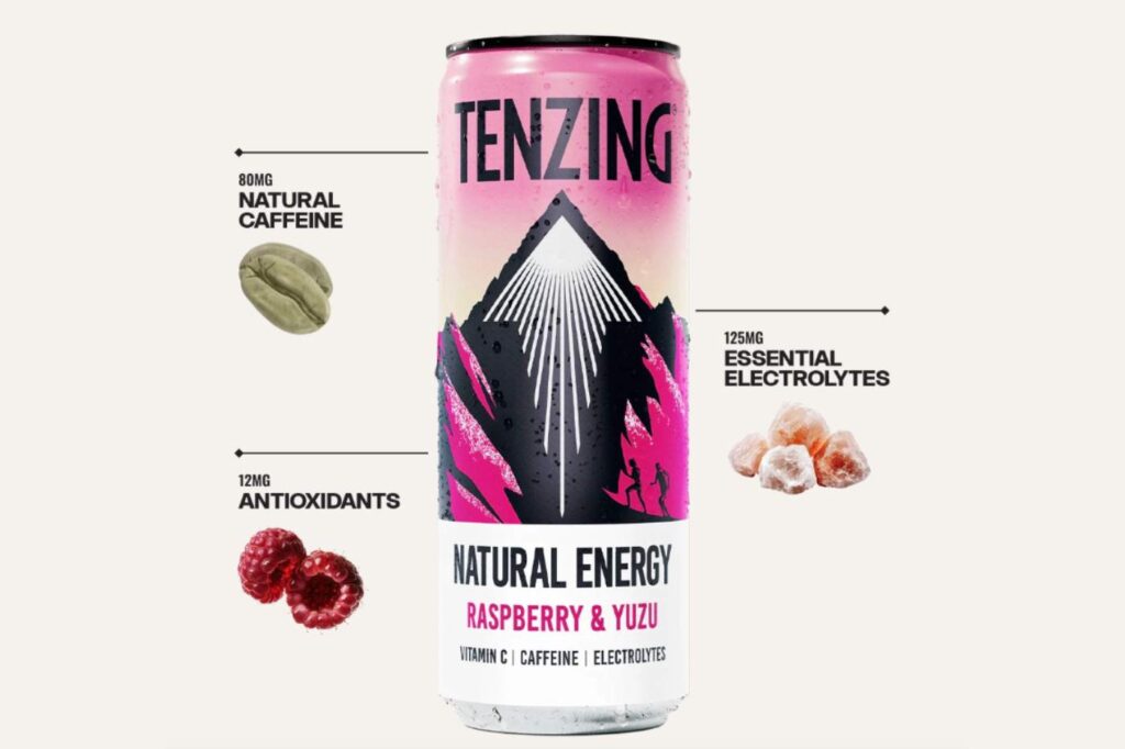 A can of Tenzing Raspberry & Yuzu Natural Energy drink with surrounding natural ingredient visuals like cordyceps and fruit.