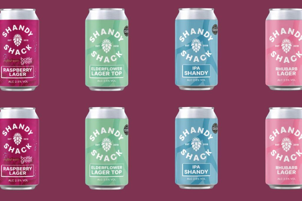 A grid of colourful Bottlegreen and Shloer slim cans against a plum background.