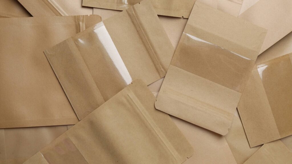 A top-down view of overlapping kraft paper mailers or pouches, laid out flat in neutral tones.