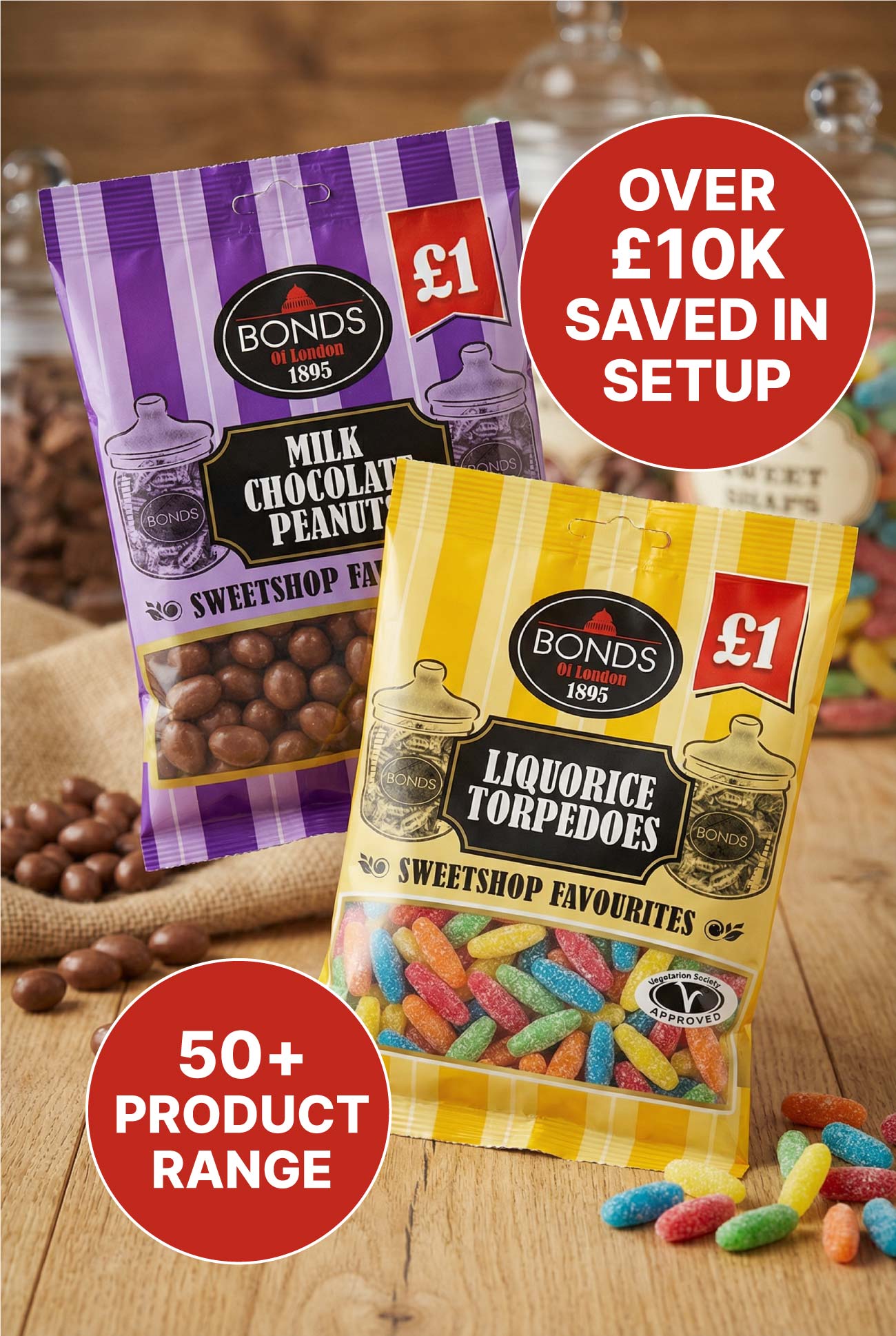 Bonds of London retro sweetshop packaging range redesigned by Goulding Media, showing multiple colourful jars of traditional boiled sweets and fizzy treats on shelf