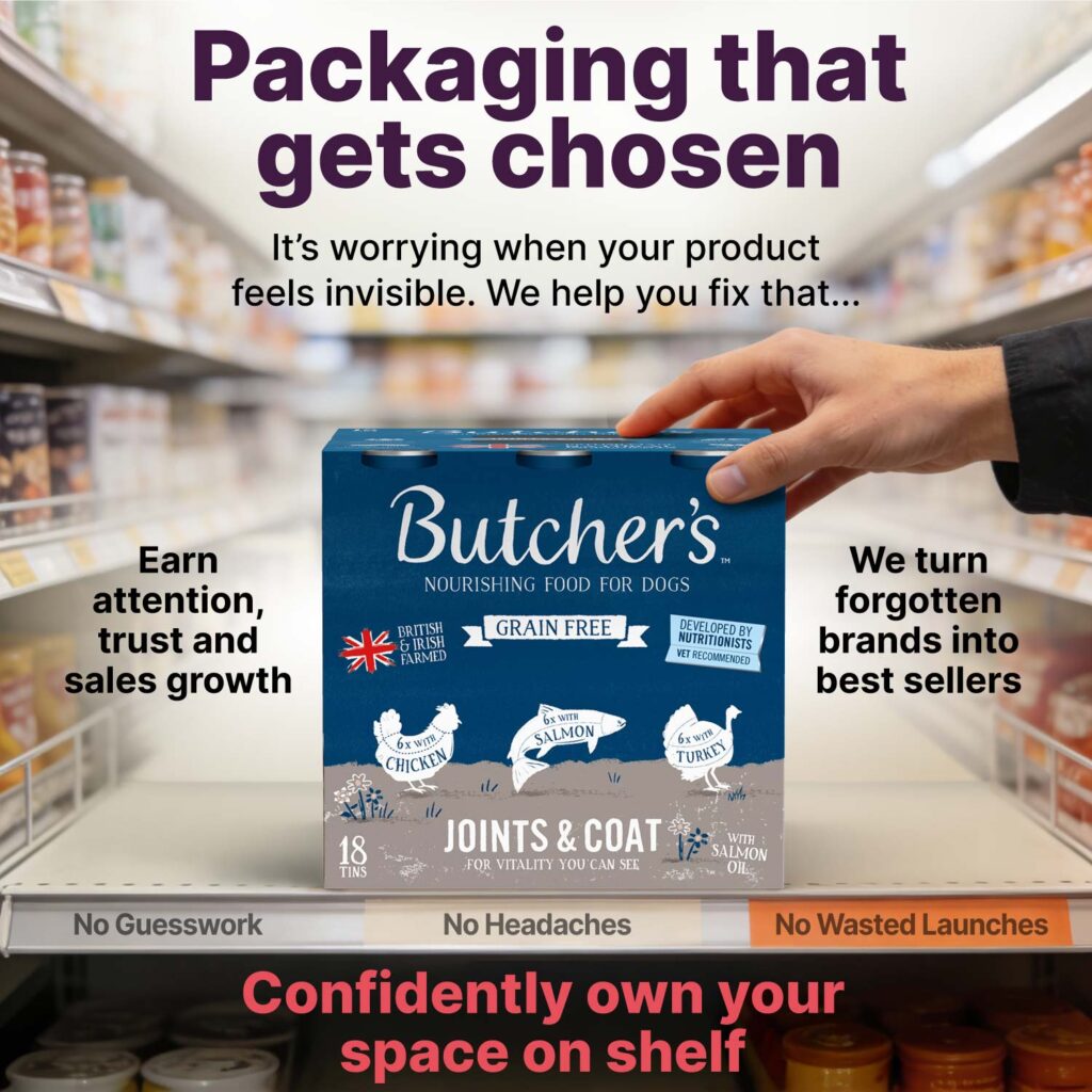 Packaging design by Goulding Media helping a dog food product stand out on retail shelf and get chosen by shoppers