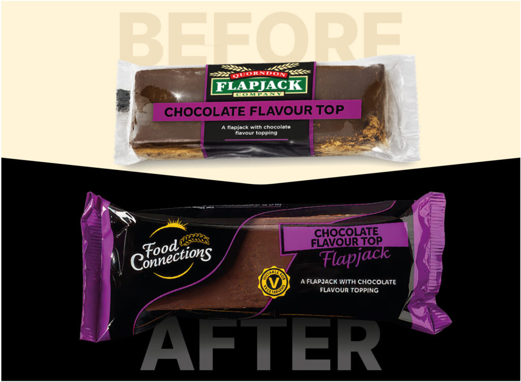 Before and after comparison of Food Connections chocolate flavour top flapjack packaging, showing the original design and the updated Goulding Media rebrand.