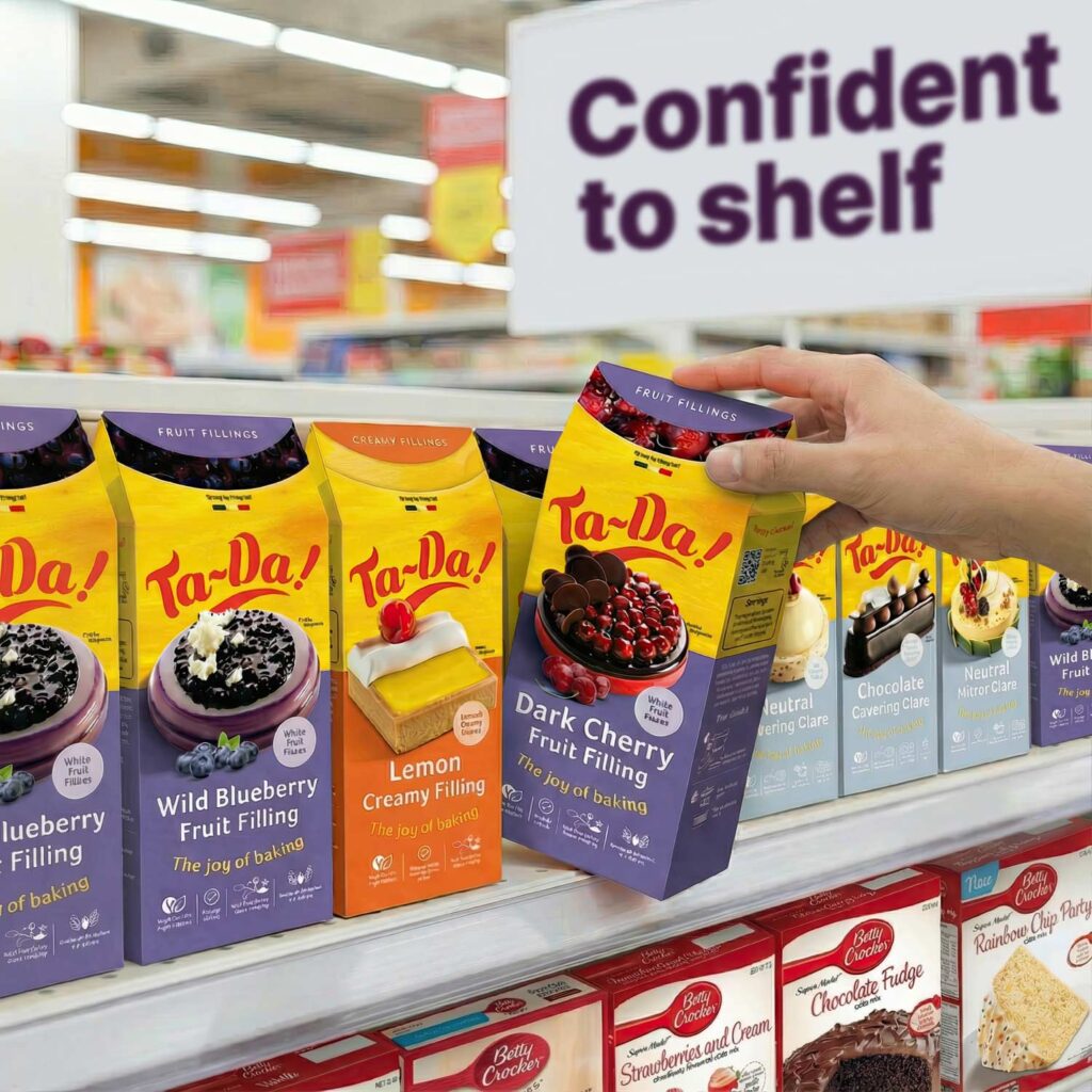 Packaging design example showing retail-ready food products on supermarket shelf by Goulding Media